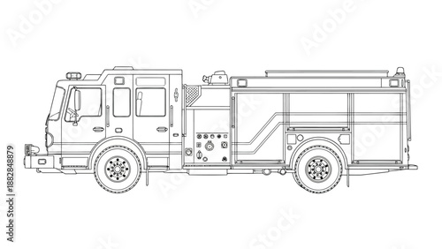 a detailed black and white line drawing depicts a fire truck with various compartments and equipment visible in