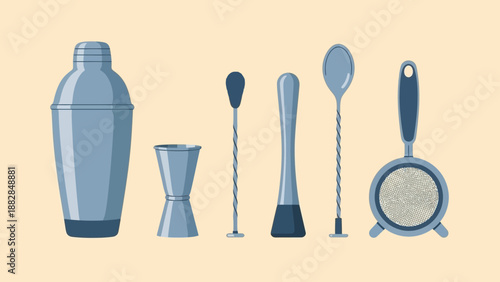 Essential Barware Collection: Vector Illustration of Cocktail Shaker and Accessories