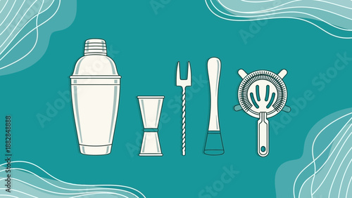 Essential Cocktail Tools Silhouetted Against a Teal Backdrop, Perfect for Beverages