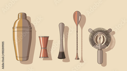 Essential Barware Illustration Depicting Cocktail Tools And Bar Equipment, Drink Preparation