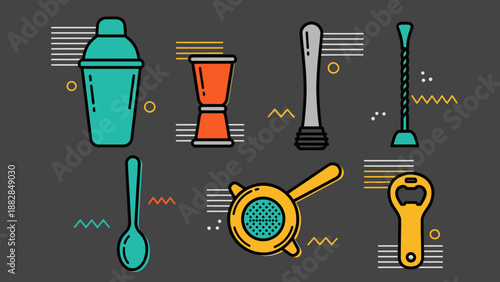 Essential Cocktail Tools Vector Illustration For Modern Mixology And Bar Design