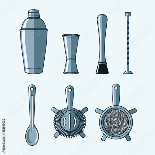Essential Barware Set: Vector Illustration Of Drink Preparation Tools For Craft Cocktails