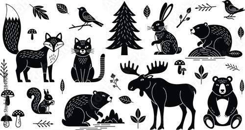Forest animal silhouettes collection, cute woodland creatures with trees, birds, mushrooms and leaves set, black vector illustration for nursery, wildlife, nature, and decorative design