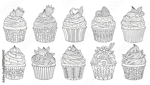 a detailed black and white drawing showcasing six intricately decorated cupcakes with unique frosting designs and textures