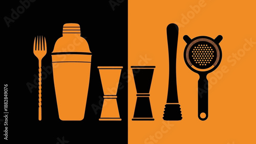 Essential Barware Silhouettes: Cocktail Tools Set Against Black and Orange Backgrounds