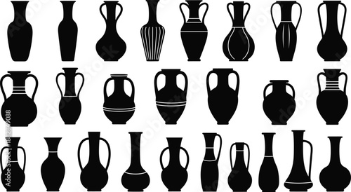 Set of ancient vase and amphora silhouettes, black pottery jar collection isolated on white background for Greek, Roman, ceramic, and vintage design projects.