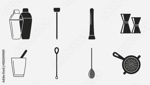 Essential Barware Silhouettes: Stylish Black and White Illustrations for Mixology and Beverage