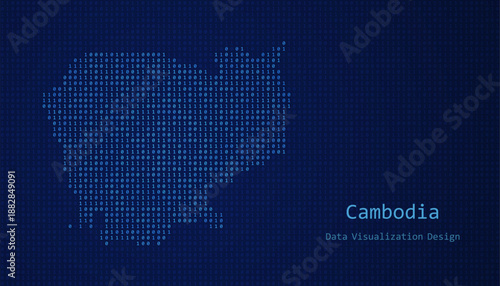Cambodia map made of binary code on tech blue background
