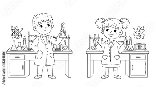 two children wearing lab coats conduct science experiments with various equipment in a detailed black and white illustration