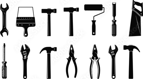 Set of hand tool silhouettes including wrench, hammer, screwdriver, pliers, saw, paint roller and brush, black repair equipment collection isolated on white.