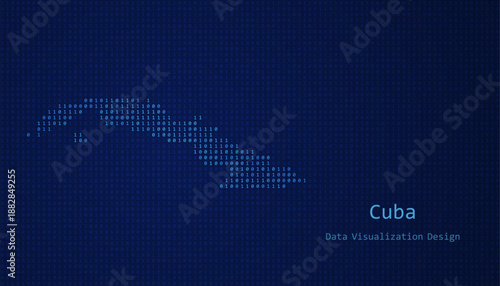 Cuba map made of binary code on tech blue background