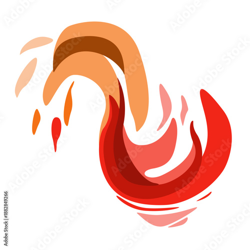 Fiery swirling red-orange dynamic form with brushstroke energy and graceful movement. Pure vector composition with color accents. Expressive poster art, logo decoration, dance or motion-themed design.