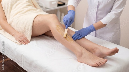 Woman receives leg hair removal treatment at a beauty salon during daytime