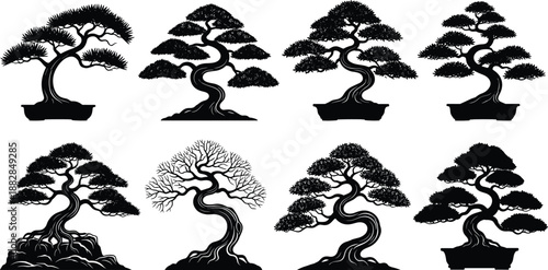 Set of bonsai tree silhouettes in Japanese style, black miniature garden plants collection isolated on white background for zen design, logo, and decor.