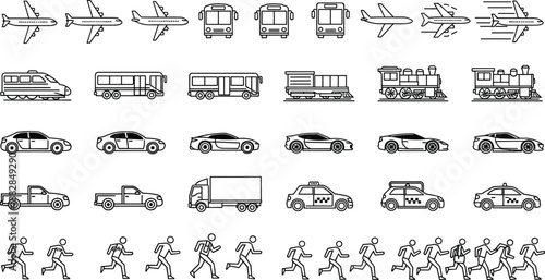 Black and white of various transportation vehicles and people running airplanes trains buses