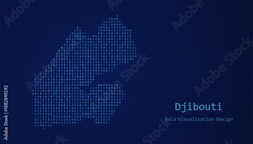 Djibouti map made of binary code on tech blue background