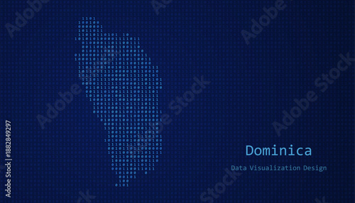 Dominica map made of binary code on tech blue background