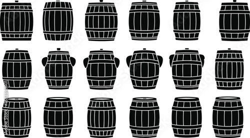 Set of wooden barrel silhouettes in different shapes, black cask collection isolated on white background for wine, beer, whiskey, storage, and vintage design.