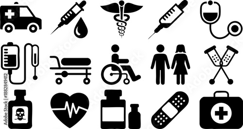 Medical Healthcare Icon Set – Hospital, Doctor, Emergency, and Pharmacy Symbols EPS Vector Pack