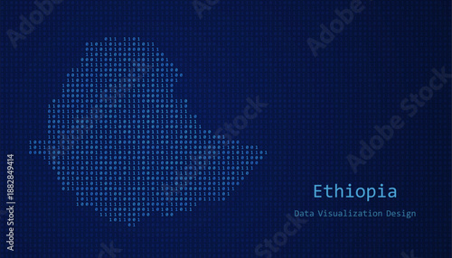 Ethiopia map made of binary code on tech blue background