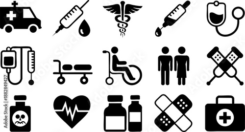 Medical Healthcare Icon Set – Hospital, Doctor, Emergency, and Pharmacy Symbols EPS Vector Pack