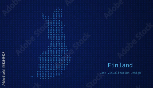 Finland map made of binary code on tech blue background