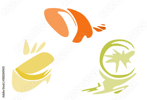 Dual-toned yellow, green and orange shapes with circular elements evoking freshness and vitality. Vector citrus juice splashes for food design, skincare packaging, or eco-lifestyle branding materials.