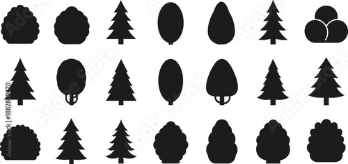 Set of tree and bush silhouettes in simple flat style, black forest nature icons collection isolated on white background for landscape design and maps.