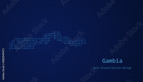 Gambia map made of binary code on tech blue background