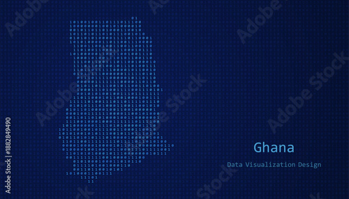 Ghana map made of binary code on tech blue background