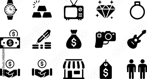 Business, Finance, and Lifestyle Icon Set – Money, Jewelry, Shopping, and Entertainment Symbols