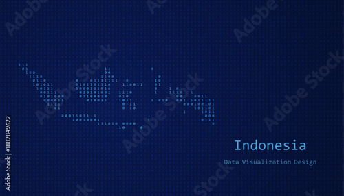 Indonesia map made of binary code on tech blue background