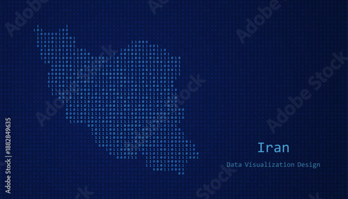 Iran map made of binary code on tech blue background