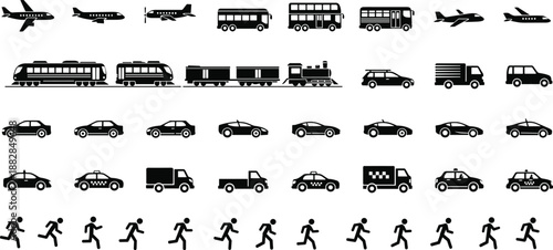 Black silhouettes of various vehicles and people running on white cars