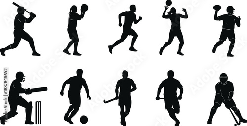 Sports player silhouette set with cricket batter, football runner, volleyball and hockey athlete poses, black action icons collection isolated on white background.