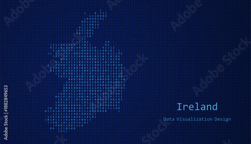 Ireland map made of binary code on tech blue background
