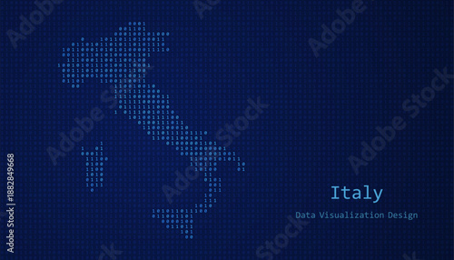 Italy map made of binary code on tech blue background