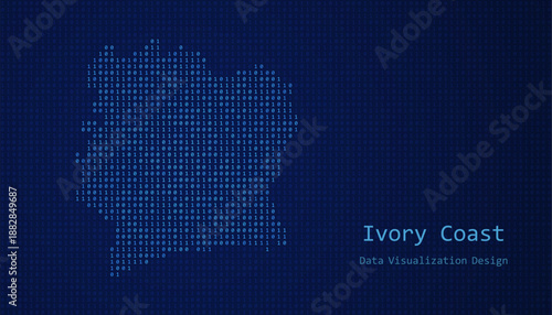 Ivory Coast map made of binary code on tech blue background