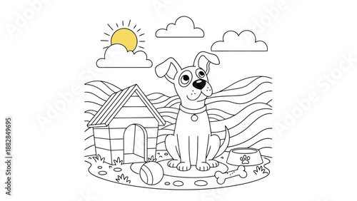 a charming line drawing depicting a happy dog standing near its doghouse under a sunny sky with fluffy