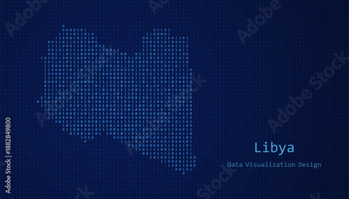 Libya map made of binary code on tech blue background