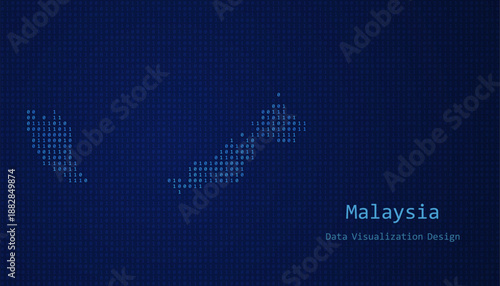 Malaysia map made of binary code on tech blue background