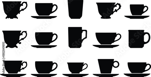 Coffee cup and mug silhouette set with tea cups, espresso mugs and drink glasses, black kitchen drinkware icons isolated on white background vector.