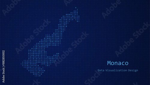 Monaco map made of binary code on tech blue background