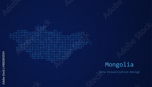 Mongolia map made of binary code on tech blue background