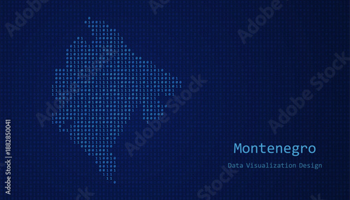 Montenegro map made of binary code on tech blue background