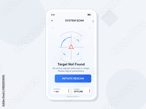 A device screen shows a system scan in progress with a warning message. The scan indicates that no active signals are found and suggests to initiate a rescan.