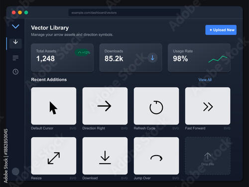 Dashboard displays an overview of a vector library with total assets, downloads, usage rate, and new icon options for digital design tasks.