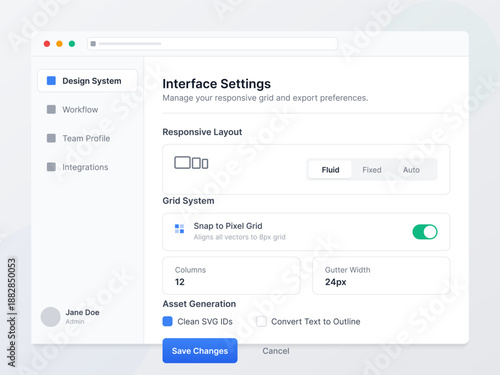 User is on a settings page that displays options for responsive layout, grid system, and asset generation for a design system. The screen shows tools for adjusting settings.