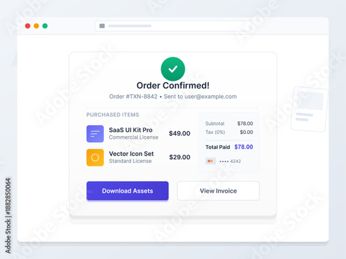 A user receives confirmation of a recent order. The message lists items purchased, their prices, and a total amount. Options to download and view the invoice are available.
