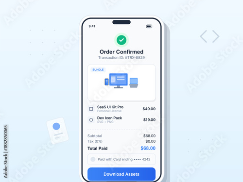 A smartphone displays a screen showing an order confirmation for digital assets. The transaction ID and total paid are clearly visible on the screen.